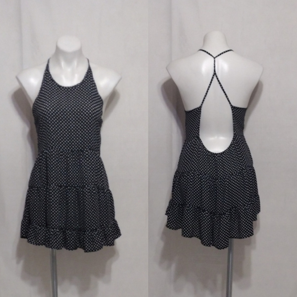 Hanger 221 Polka Dot Halter Mini Dress Open Back Ruffle Tiered Large Chic Flirty